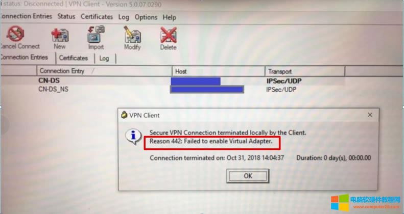 Cisco VPN ���eReason442: Failed to enable Virtual Adapter