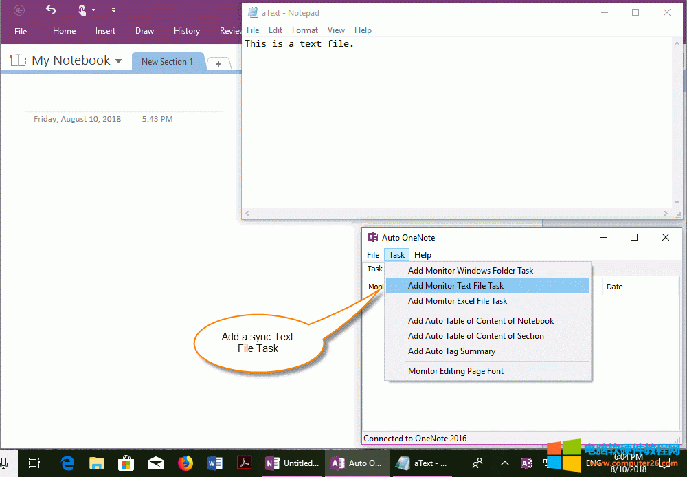�� Auto OneNote �Ԅ���ɹ��������һ���Oҕ�ı��ļ����΄�