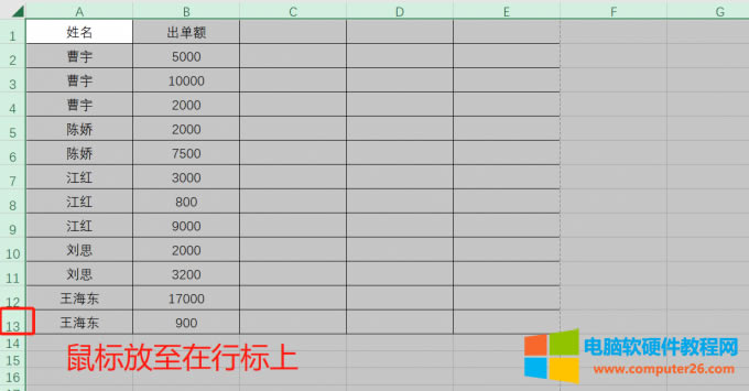 鼠標放置在行標