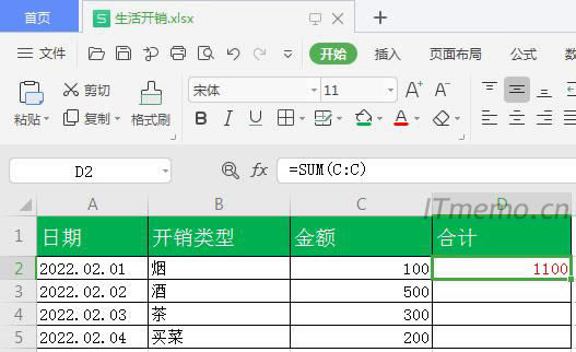 C列一整列自動(dòng)求和:結(jié)果